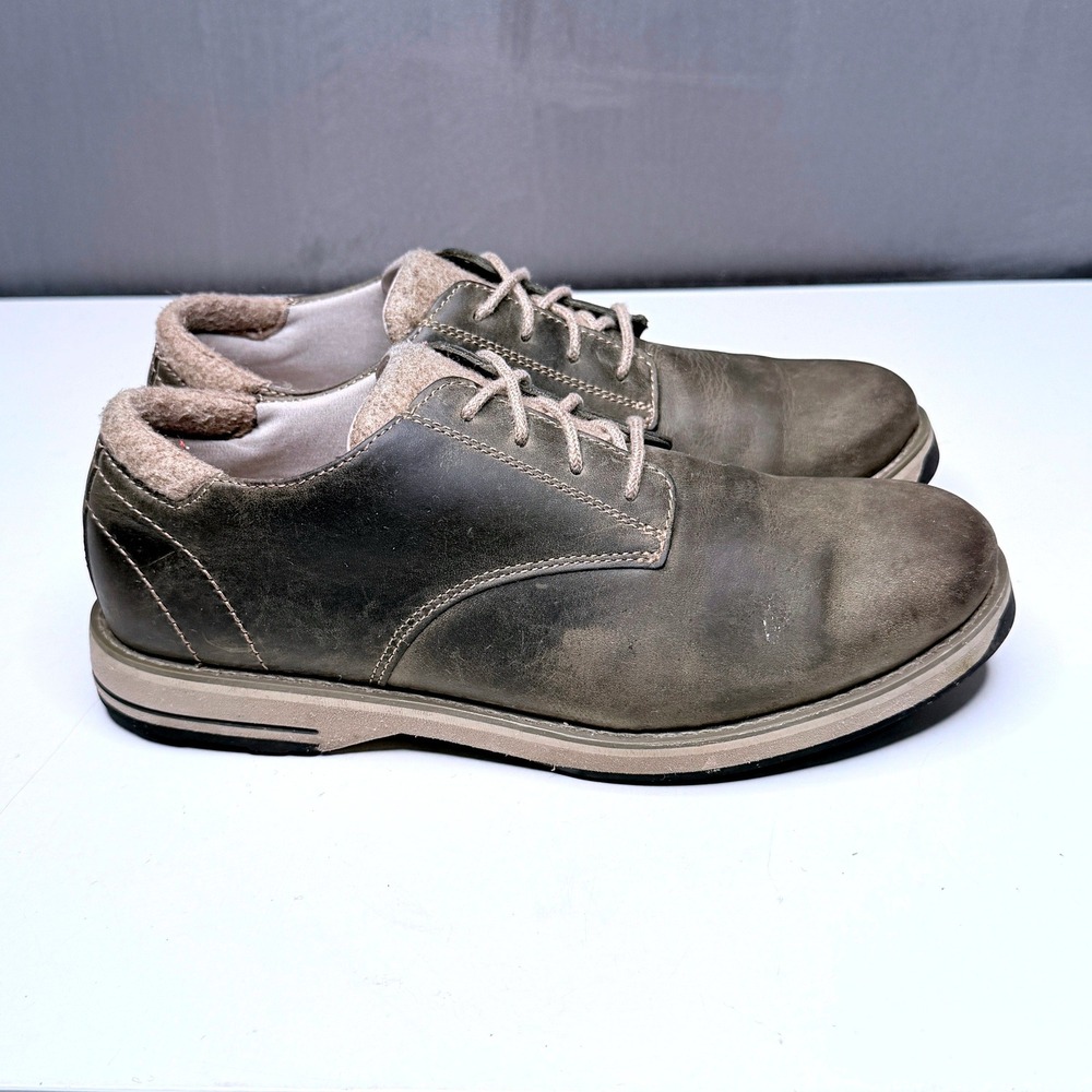 LL Bean Oxford Shoes Womens 8M Sage Green Leather Wool Trim Lace Up Distressed